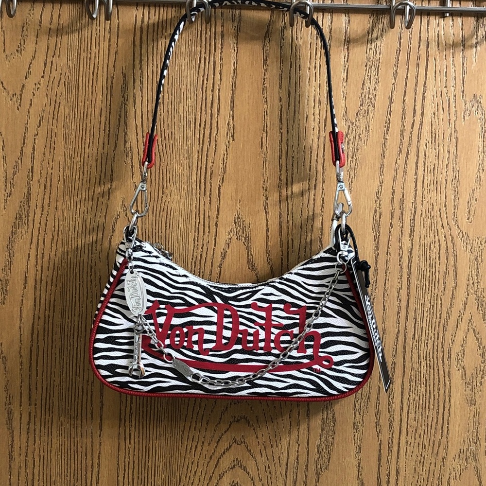 Von Dutch Zebra Print Shoulder Bag Red Trim & Logo Silver Chain + Wrench NWT - Picture 16 of 16